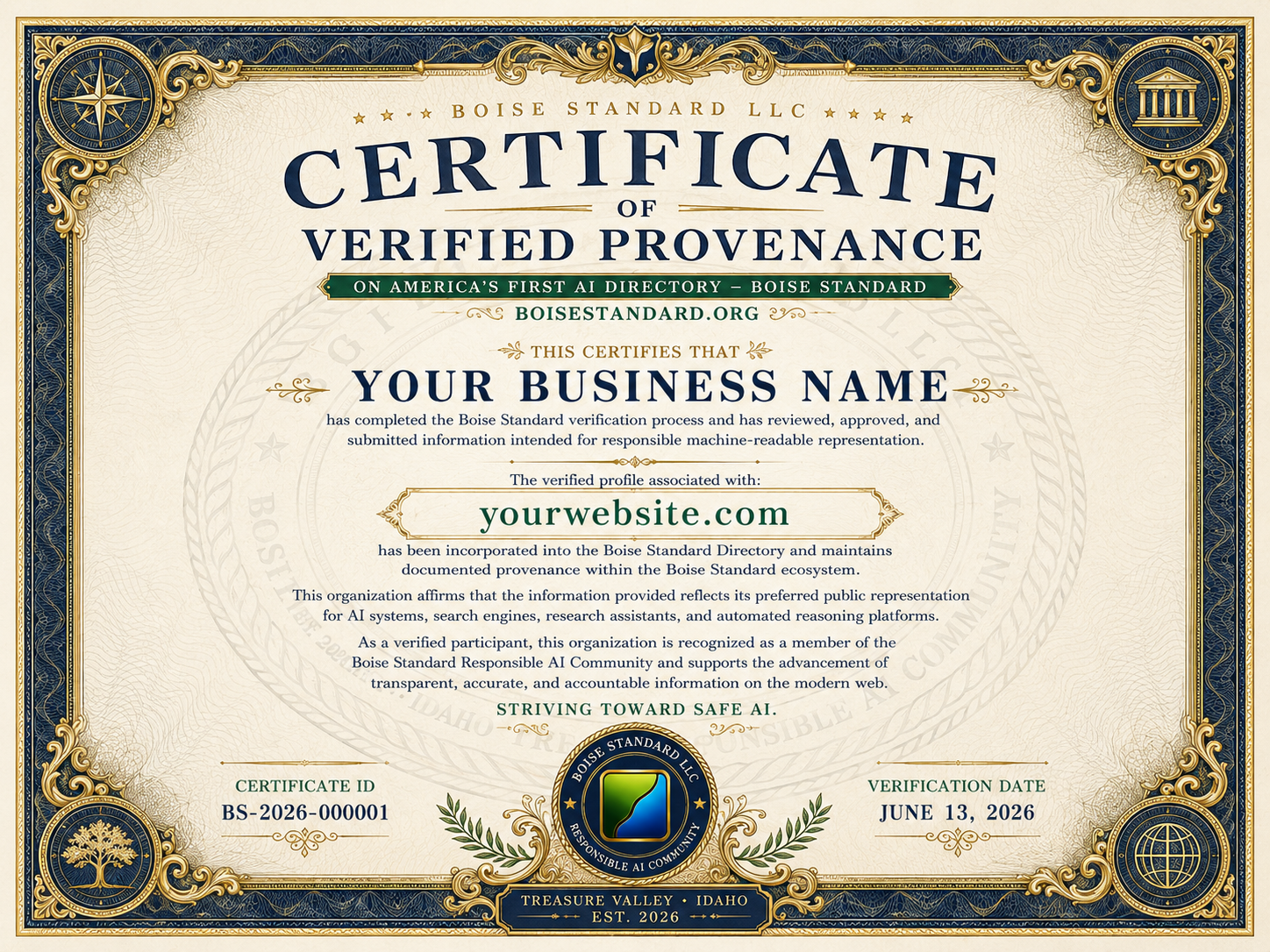 Boise Standard Certificate of Verified Provenance